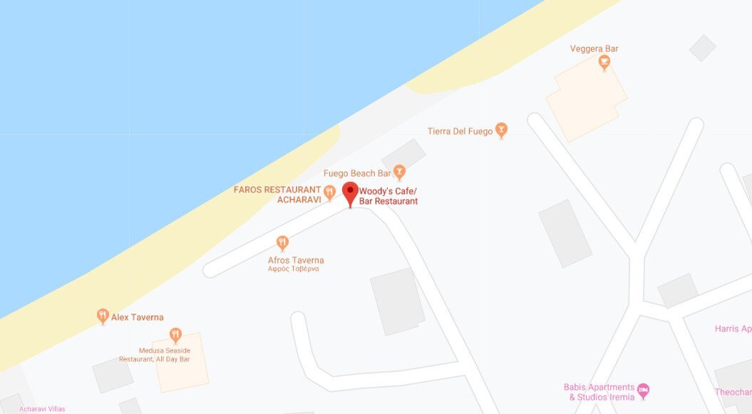Map showing Woody's on the beach road at Acharavi